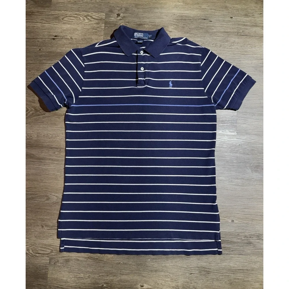 Polo Ralph Lauren Men's L Navy Blue Striped Polo Shirt Short Sleeve Classic Fit